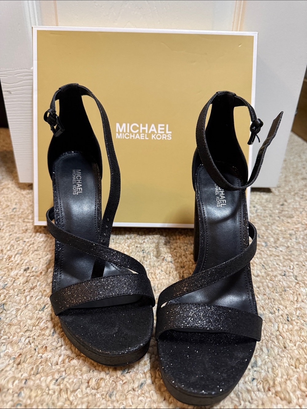 Michael Kors Black Glitter Ankle-Strap Platform Heels